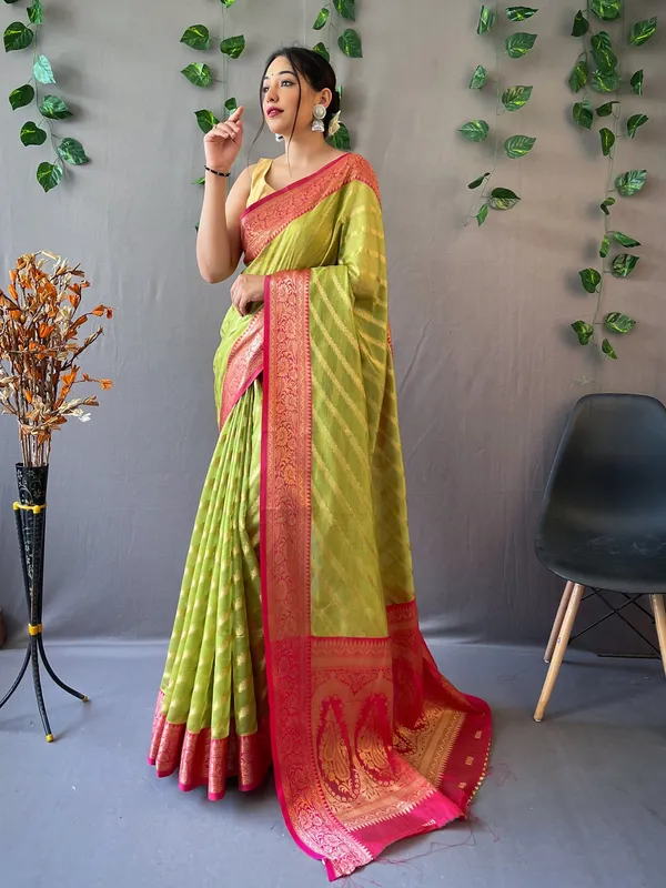 Parrot_Green_Pure_Organza_Weaved_Leheriya_Saree_With_Blouse_Piece_Attached